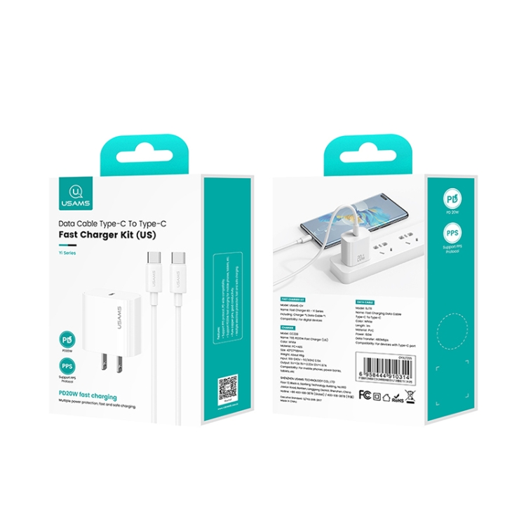 Cargador rápido USAMS CC228 de 20 W, USB-C/Tipo C a USB-C/Tipo C